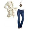 Winter Women Outfit Wavy Asymmetrical Hem Solid Color Mid‑Long Ruffle Bell Sleeve Sweater Coat Topstitching Jeans and Bird Necklace Set - Beige S | US 4