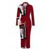 Casual Shirt Dress Colorblock Geometric Print Ruched Turn Down Collar Button Up Bodycon Dress - Rouge Vineux S | US 4
