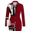 Casual Shirt Dress Colorblock Geometric Print Ruched Turn Down Collar Button Up Bodycon Dress - Rouge Vineux S | US 4