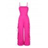Autumn Couple Outfit Solid Color Multi-pockets Spaghetti Strap Cargo Jumpsuit and Colorblock Striped Geometric Print Shirt Set - Rose Vif S | US 4