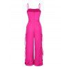 Autumn Couple Outfit Solid Color Multi-pockets Spaghetti Strap Cargo Jumpsuit and Colorblock Striped Geometric Print Shirt Set - Rose Vif S | US 4