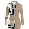 Casual Shirt Dress Colorblock Geometric Print Ruched Turn Down Collar Button Up Bodycon Dress - café lumière S | US 4