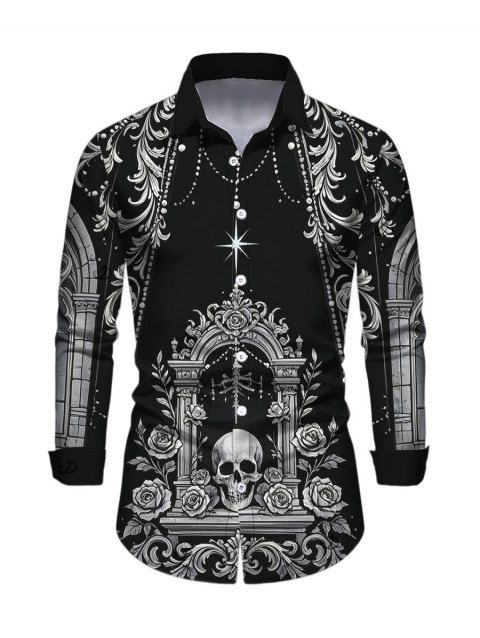 Men's Gothic Shirt Skull Rose Church Cathedral Pattern Button Up Long Sleeve Shirt