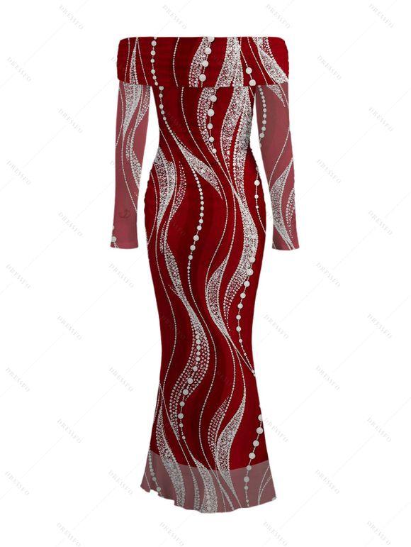 Burgundy Party Dress Pearl Rhinestone Wave Print Off the Shoulder Mesh Panel Long Sleeve Bodycon Dress - Rouge Vineux XXL | US 14