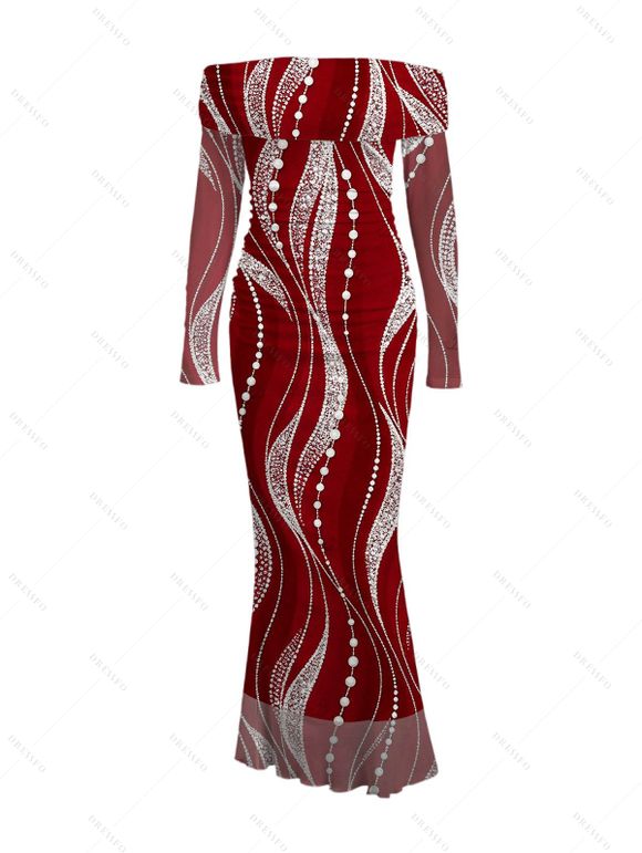 Burgundy Party Dress Pearl Rhinestone Wave Print Off the Shoulder Mesh Panel Long Sleeve Bodycon Dress - Rouge Vineux XXL | US 14