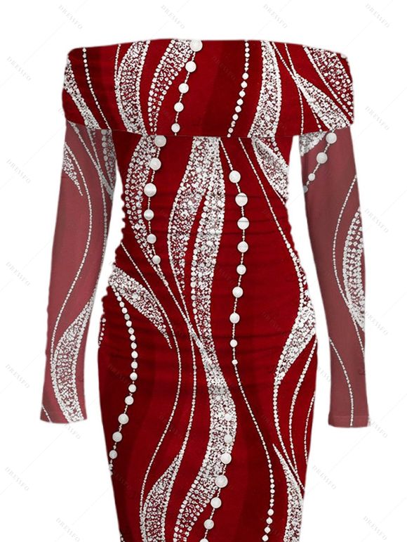 Burgundy Party Dress Pearl Rhinestone Wave Print Off the Shoulder Mesh Panel Long Sleeve Bodycon Dress - Rouge Vineux XXL | US 14