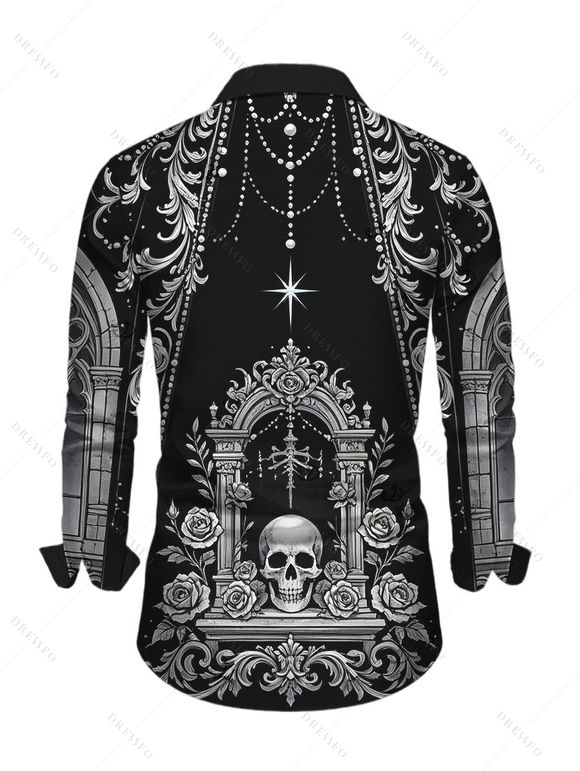Men's Gothic Shirt Skull Rose Church Cathedral Pattern Button Up Long Sleeve Shirt - Noir 5XL
