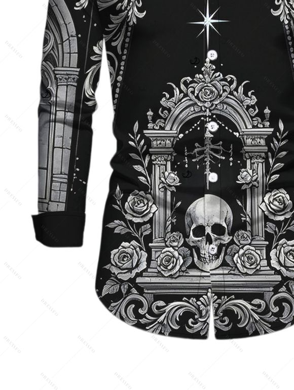 Men's Gothic Shirt Skull Rose Church Cathedral Pattern Button Up Long Sleeve Shirt - Noir 5XL