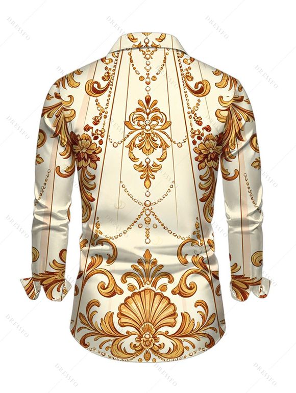 Men's Vintage Shirt Baroque Palace Print Button Up Long Sleeve Shirt - Champagne 5XL