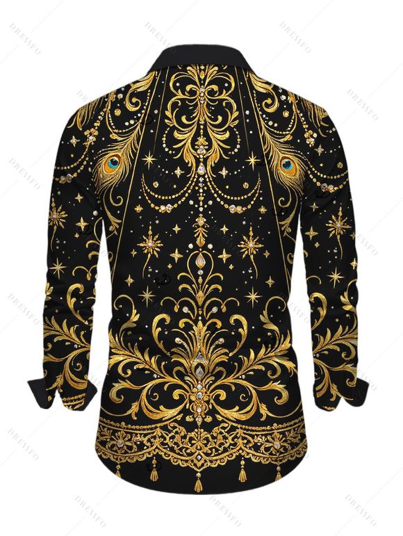 Men's Vintage Party Shirt Black Gold Baroque Palace Peacock Feather Star Print Button Up Long Sleeve Shirt - Noir 5XL