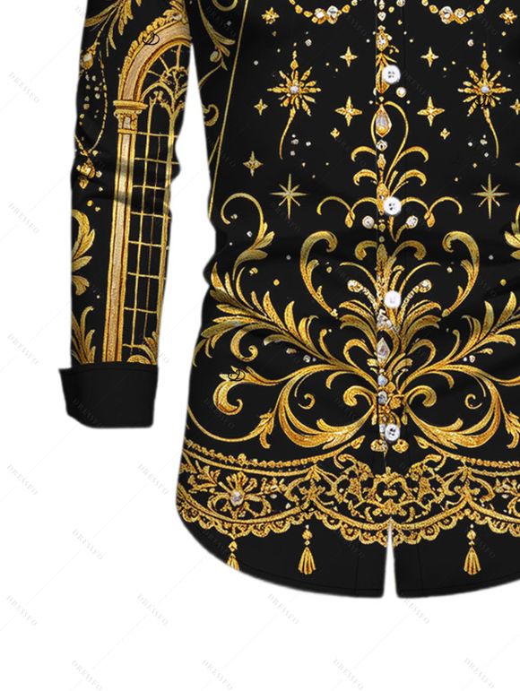 Men's Vintage Party Shirt Black Gold Baroque Palace Peacock Feather Star Print Button Up Long Sleeve Shirt - Noir 5XL