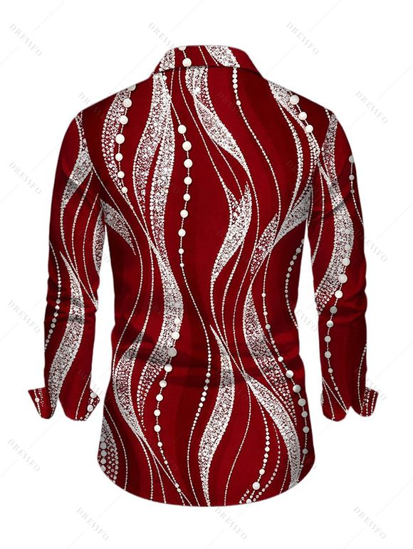 Men's Burgundy Party Shirt Pearl Rhinestone Wave Print Button Up Long Sleeve Shirt - Rouge Vineux 5XL