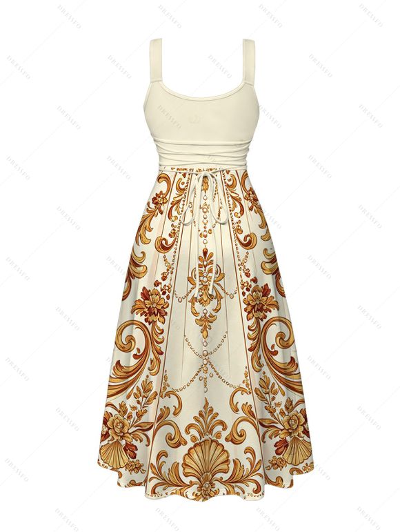 Vintage Dress Baroque Palace Print Pocket Square Neck A Line Vacation Dress - Champagne XXL | US 14