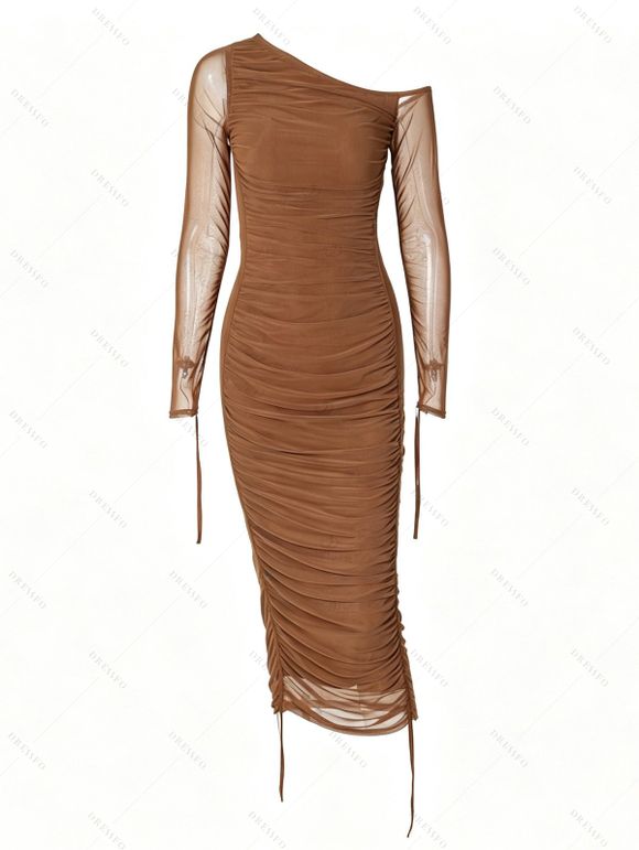 Fashion Dress See Thru Mesh Panel Sleeve Skew Neck Cinched Ruched Bodycon Dress - Brun S | US 4