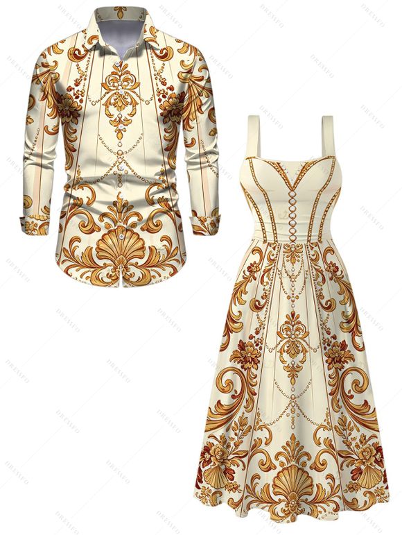 Vintage Couple Outfit Baroque Palace Print Pocket Square Neck A Line Dress and Shirt Set - Champagne S | US 4