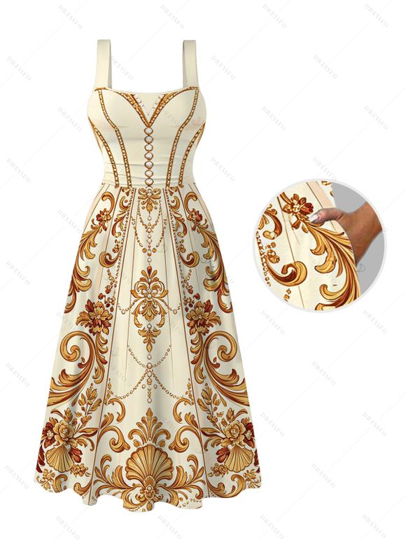 Vintage Couple Outfit Baroque Palace Print Pocket Square Neck A Line Dress and Shirt Set - Champagne S | US 4