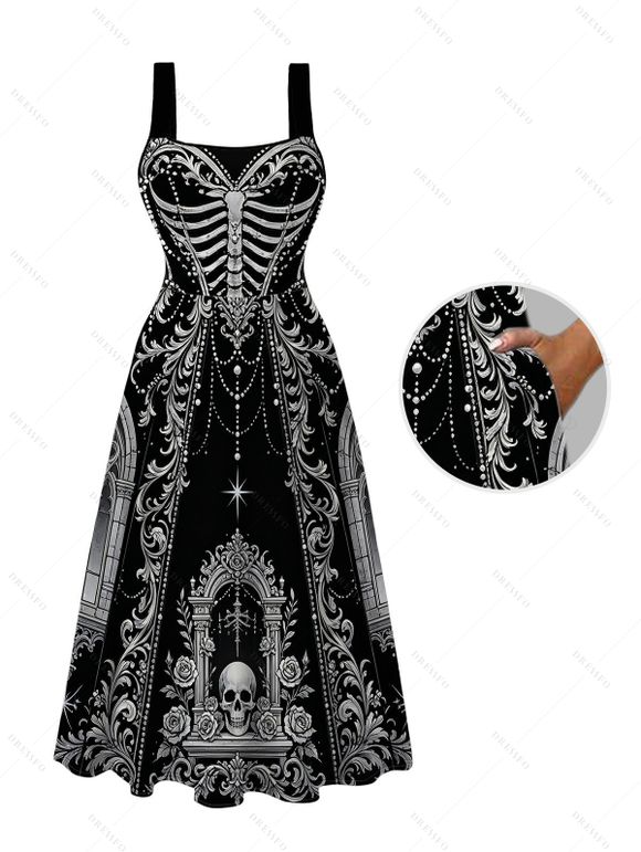 Gothic Couple Outfit Skeleton Skull Rose Church Cathedral Pattern Pocket Square Neck A Line Dress and Long Sleeve Shirt Set - Noir S | US 4