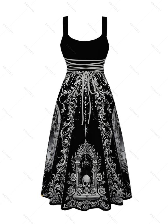 Gothic Couple Outfit Skeleton Skull Rose Church Cathedral Pattern Pocket Square Neck A Line Dress and Long Sleeve Shirt Set - Noir S | US 4