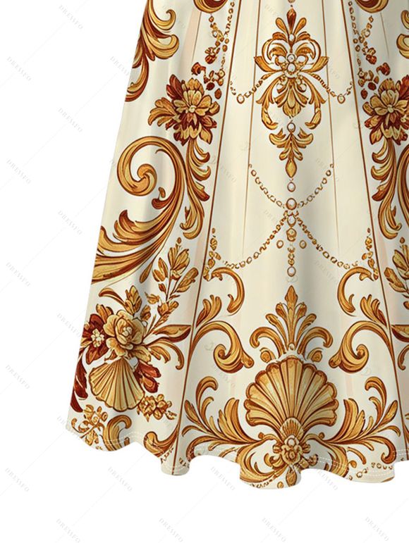 Vintage Couple Outfit Baroque Palace Print Pocket Square Neck A Line Dress and Shirt Set - Champagne S | US 4