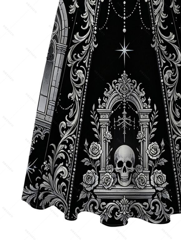 Gothic Couple Outfit Skeleton Skull Rose Church Cathedral Pattern Pocket Square Neck A Line Dress and Long Sleeve Shirt Set - Noir S | US 4