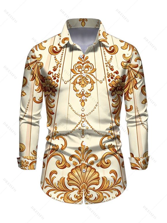 Vintage Couple Outfit Baroque Palace Print Pocket Square Neck A Line Dress and Shirt Set - Champagne S | US 4
