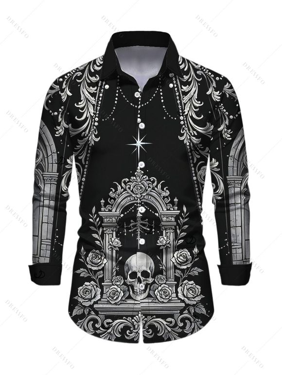Gothic Couple Outfit Skeleton Skull Rose Church Cathedral Pattern Pocket Square Neck A Line Dress and Long Sleeve Shirt Set - Noir S | US 4