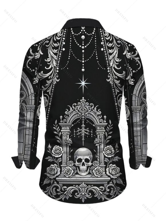 Gothic Couple Outfit Skeleton Skull Rose Church Cathedral Pattern Pocket Square Neck A Line Dress and Long Sleeve Shirt Set - Noir S | US 4