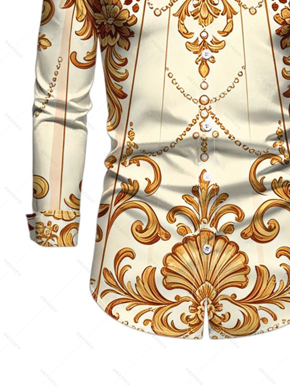 Vintage Couple Outfit Baroque Palace Print Pocket Square Neck A Line Dress and Shirt Set - Champagne S | US 4