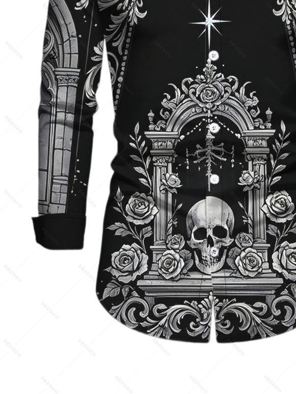 Gothic Couple Outfit Skeleton Skull Rose Church Cathedral Pattern Pocket Square Neck A Line Dress and Long Sleeve Shirt Set - Noir S | US 4