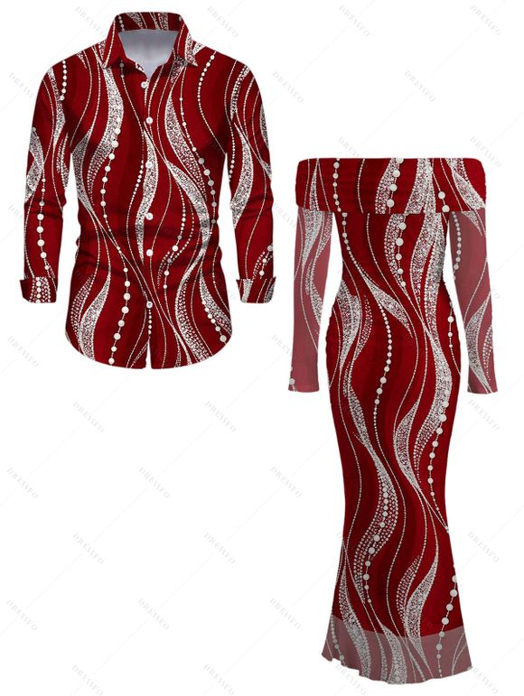 Burgundy Party Couple Outfit Pearl Rhinestone Wave Print Off the Shoulder Mesh Panel Bodycon Dress and Long Sleeve Shirt Set - Rouge Vineux S | US 4