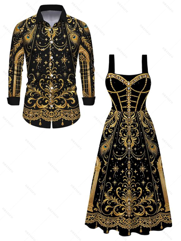 Vintage Party Couple Outfit Black Gold Baroque Palace Peacock Feather Star Print Pocket Square Neck A Line Dress and Long Sleeve Shirt Set - Noir S | US 4