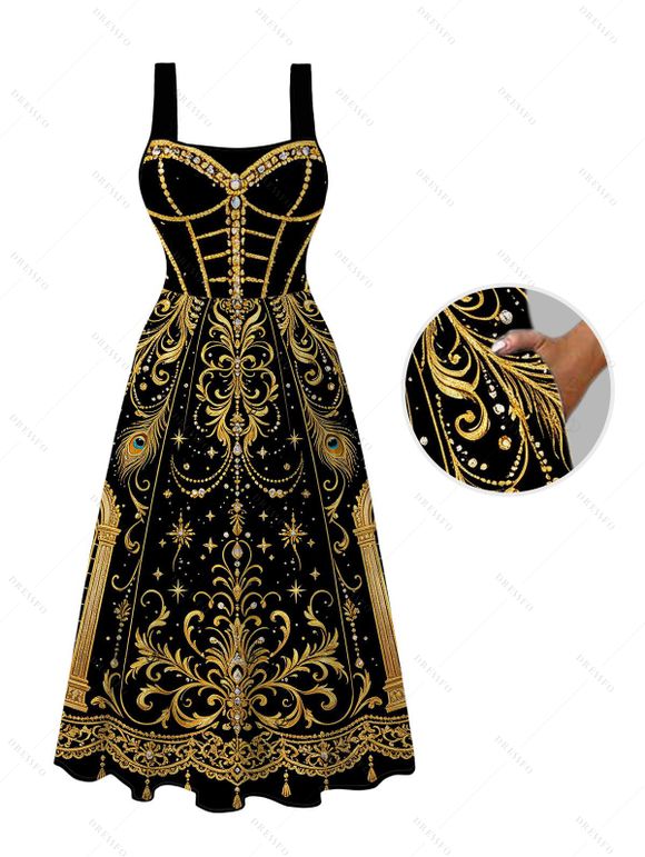 Vintage Party Couple Outfit Black Gold Baroque Palace Peacock Feather Star Print Pocket Square Neck A Line Dress and Long Sleeve Shirt Set - Noir S | US 4