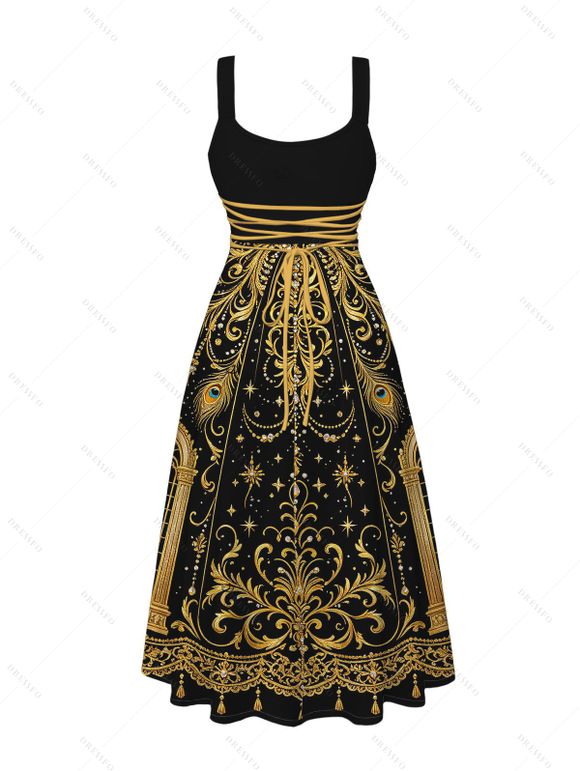 Vintage Party Couple Outfit Black Gold Baroque Palace Peacock Feather Star Print Pocket Square Neck A Line Dress and Long Sleeve Shirt Set - Noir S | US 4