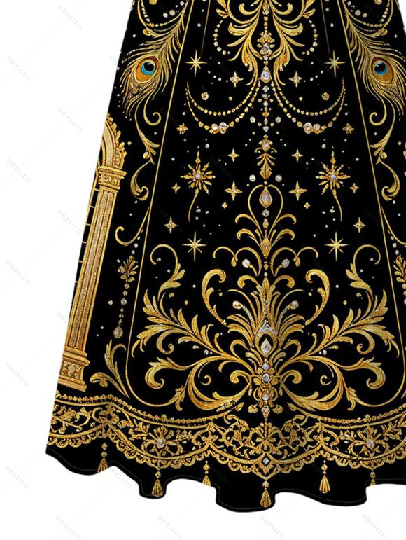 Vintage Party Couple Outfit Black Gold Baroque Palace Peacock Feather Star Print Pocket Square Neck A Line Dress and Long Sleeve Shirt Set - Noir S | US 4