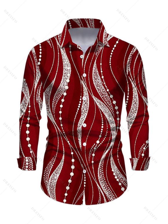 Burgundy Party Couple Outfit Pearl Rhinestone Wave Print Off the Shoulder Mesh Panel Bodycon Dress and Long Sleeve Shirt Set - Rouge Vineux S | US 4