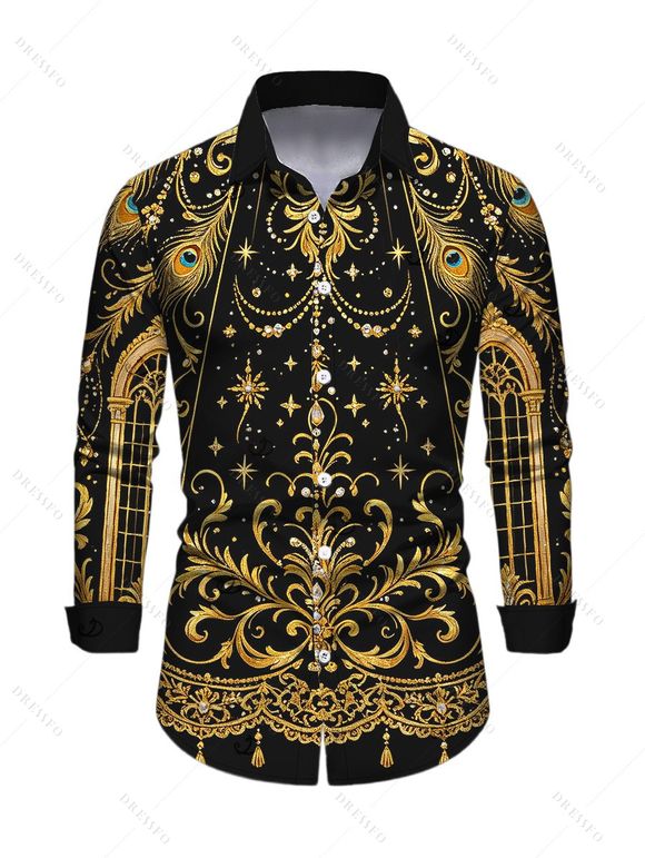 Vintage Party Couple Outfit Black Gold Baroque Palace Peacock Feather Star Print Pocket Square Neck A Line Dress and Long Sleeve Shirt Set - Noir S | US 4