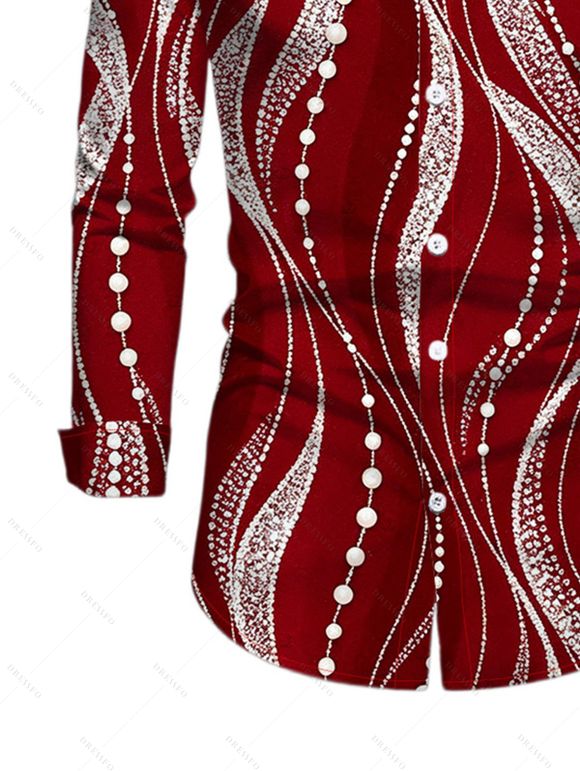 Burgundy Party Couple Outfit Pearl Rhinestone Wave Print Off the Shoulder Mesh Panel Bodycon Dress and Long Sleeve Shirt Set - Rouge Vineux S | US 4