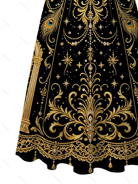 Vintage Party Dress Black Gold Baroque Palace Peacock Feather Star Print Pocket Square Neck A Line Dress - Noir XXL | US 14