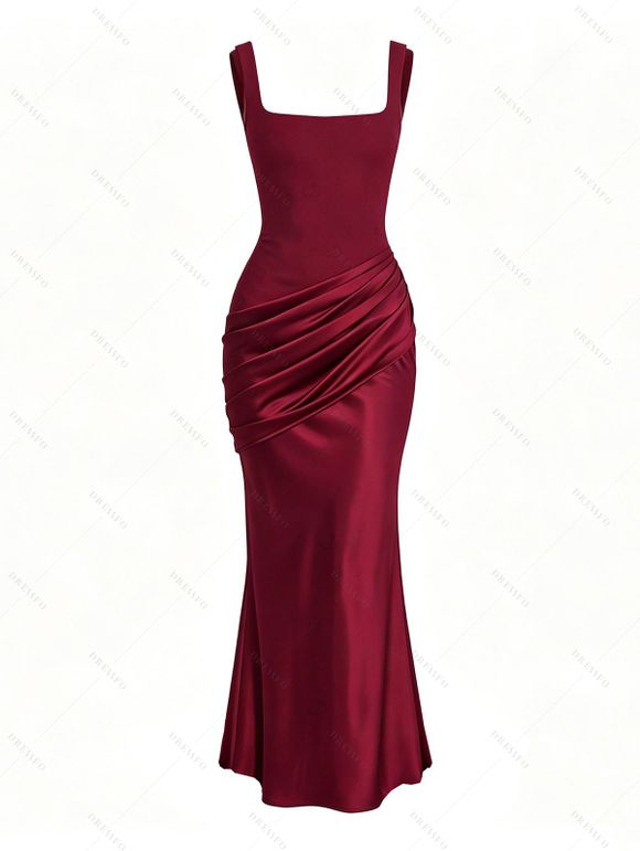 Elegant Party Dress Solid Color Square Neck Satin Panel Bodycon Maxi Dress - Rouge Vineux L | US 8-10