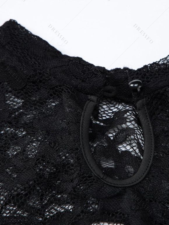 Party Dress Floral Lace Panel Cut Out Long Sleeve Slim Slit Bodycon Dress - Noir L | US 8-10