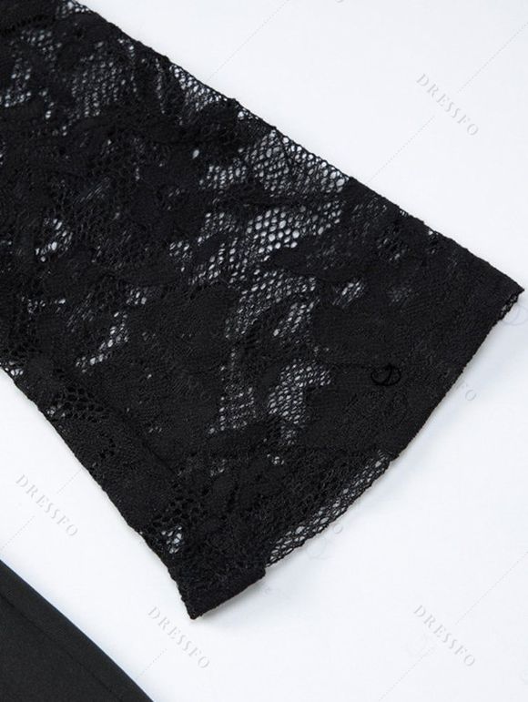 Party Dress Floral Lace Panel Cut Out Long Sleeve Slim Slit Bodycon Dress - Noir L | US 8-10