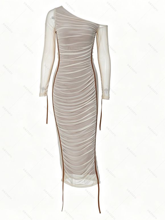 Fashion Dress See Thru Mesh Panel Sleeve Skew Neck Cinched Ruched Bodycon Dress - Abricot S | US 4