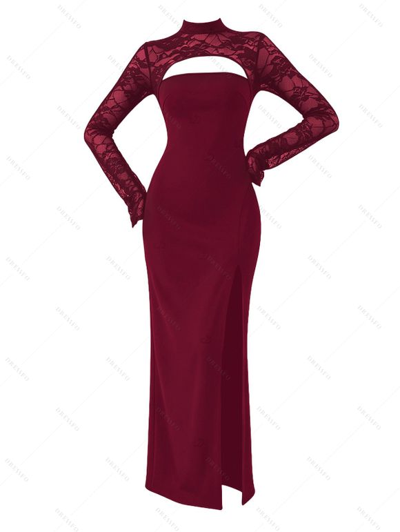 Party Dress Floral Lace Panel Cut Out Long Sleeve Slim Slit Bodycon Dress - Rouge Vineux M | US 6