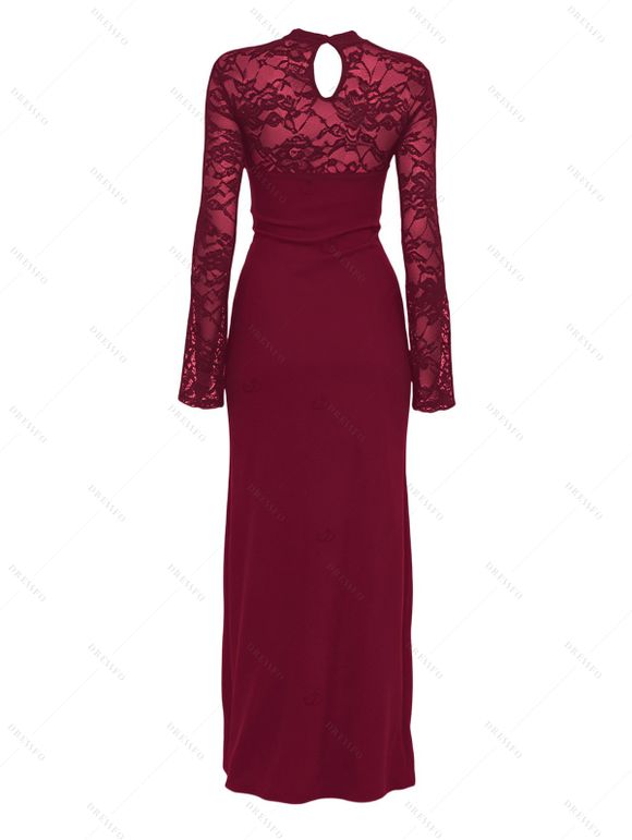 Party Dress Floral Lace Panel Cut Out Long Sleeve Slim Slit Bodycon Dress - Rouge Vineux M | US 6