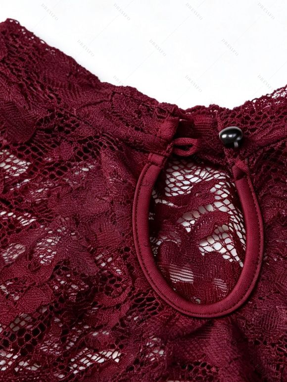 Party Dress Floral Lace Panel Cut Out Long Sleeve Slim Slit Bodycon Dress - Rouge Vineux M | US 6