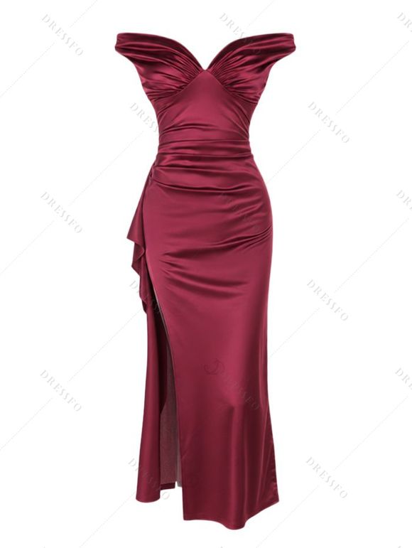 Burgundy Evening Dress Solid Color Ruched Off the Shoulder High Slit Party Satin Dress - Rouge Vineux L | US 8-10