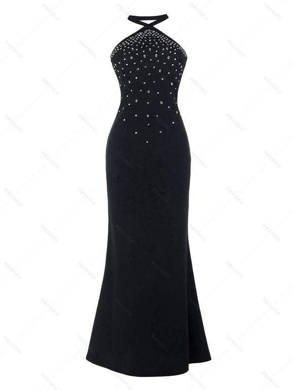 Party Dress Rhinestone Halter Maxi Evening Dress - Noir L | US 8-10