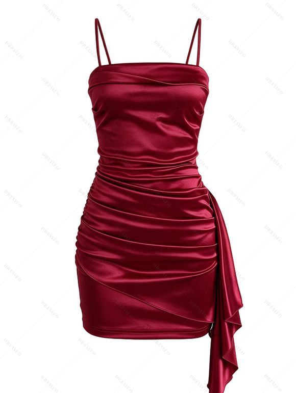 Cocktail Dress Solid Color Ruched Bodycon Spaghetti Strap Party Dress - Rouge Vineux L | US 8-10