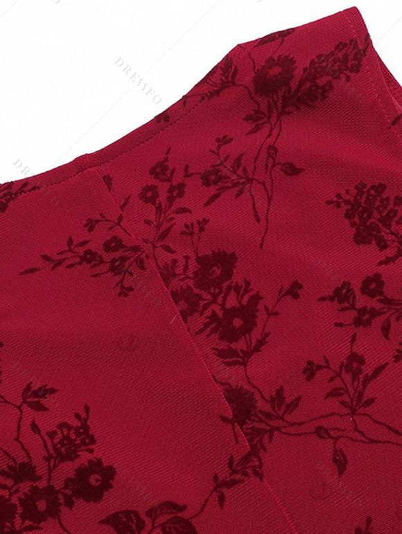 Cocktail Party Dress Solid Color Flocked Flower Mesh Plunging Neck Bodycon Midi Dress - Rouge Vineux XL | US 12