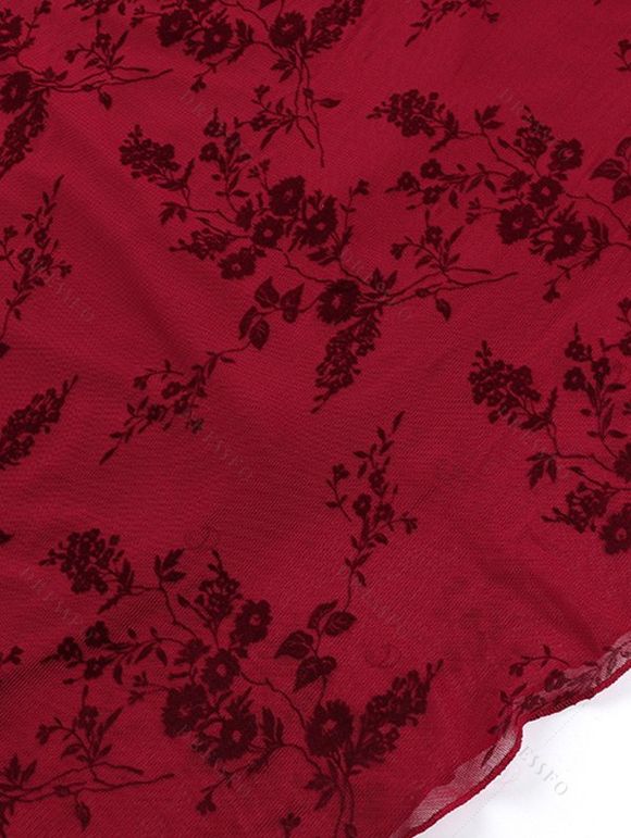 Cocktail Party Dress Solid Color Flocked Flower Mesh Plunging Neck Bodycon Midi Dress - Rouge Vineux XL | US 12